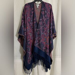 CATHERINES OS Navy Fuchsia Blue Orange Paisley Knit Tasseled Poncho Wrap